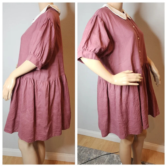 Eva Linen Peterpan Collar Puff Sleeve Button Front Mauve Mini Dress. Free Size - Picture 5 of 16